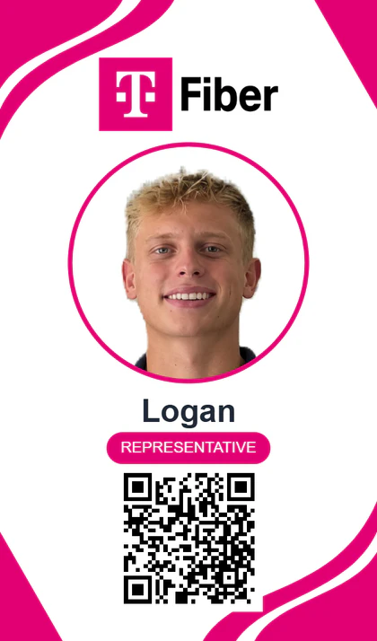 Logan's T-Mobile Fiber badge, generated in FiberFlow: the provider's badge art, a headshot, first name, and a QR code to the rep's verification page.