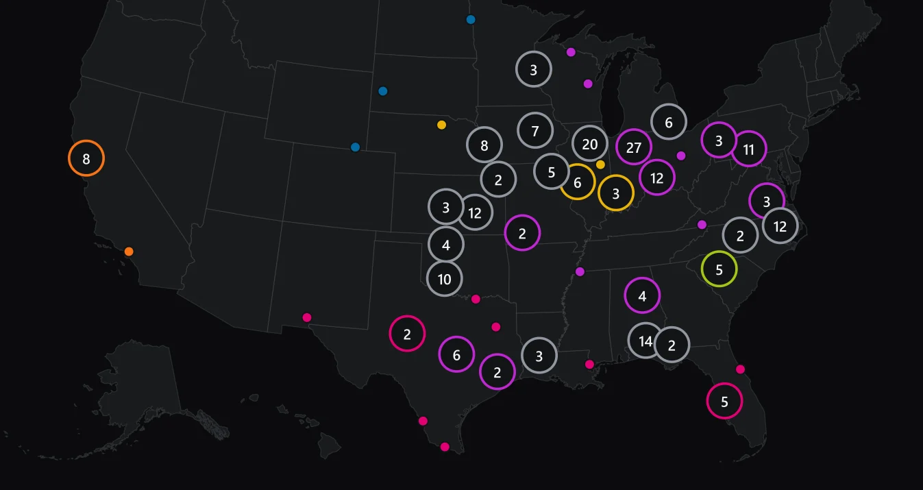 The partner areas map in FiberFlow: open canvassing areas across the United States, grouped by location and colored by provider.
